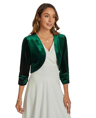 Image of Womens Velvet Bolero Shrug Elegant Open Front Ruched 3 /4 Sleeve Cocktail Party Cropped Cardigan