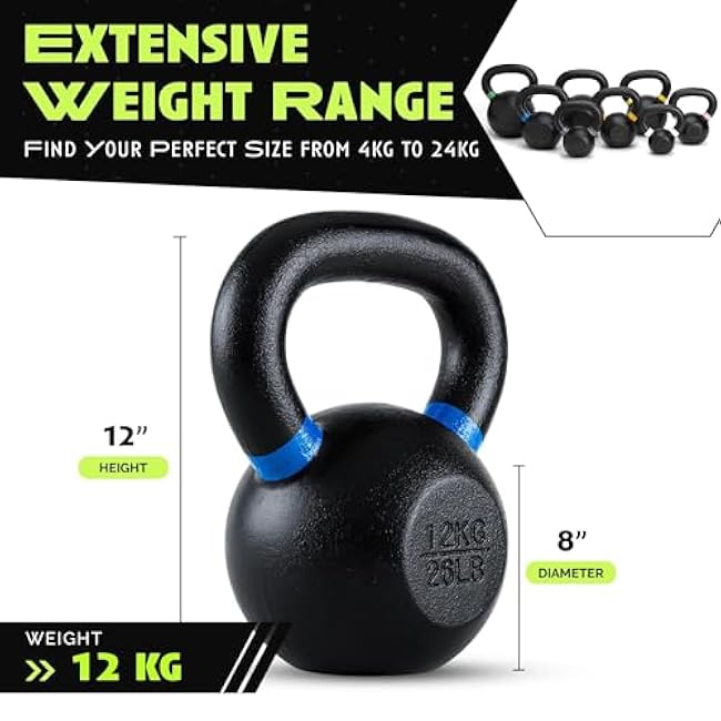 Single Cast Iron Kettlebell | Powder Coated - Wide Handle Weights for Core & Glute Workouts; Swings, Squats, Deadlifts; Strength, Endurance & Flexibility for Men & Women