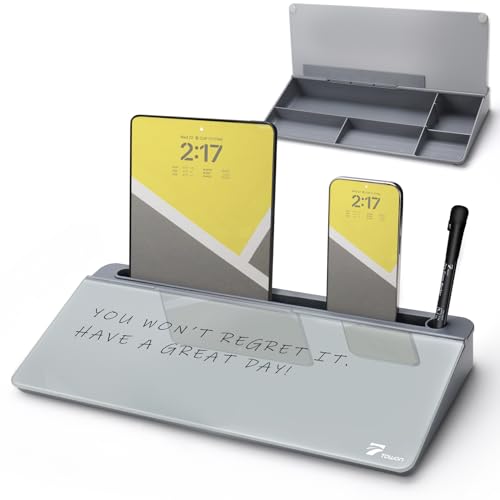 TOWON Small Tilted Desktop Glass Whiteboard, Notepad Computer Keyboard Stand with Dry Erase Board Surface, Desk Organizers with Accessories for Office, Home, School Supplies, Gray, 17 x 6 Inches