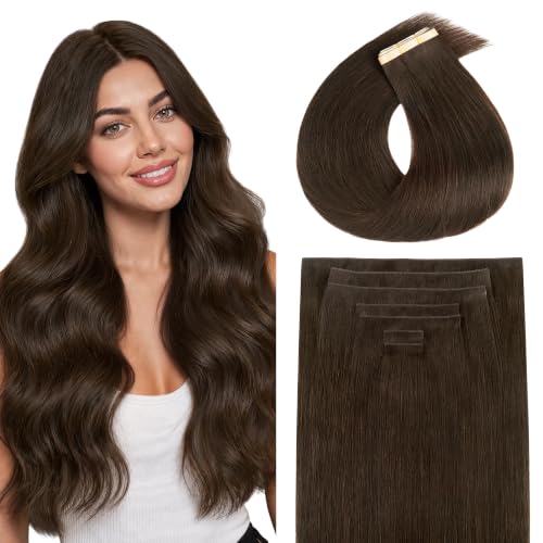 Image of GOO GOO Tape In Weft Hair Extensions Human Hair, Genius PU Long Weft Tape In Hair Extensions Real Human Hair, Silky Easy to Use, 4A Chocolate Brown 22 inch 120g 7pcs