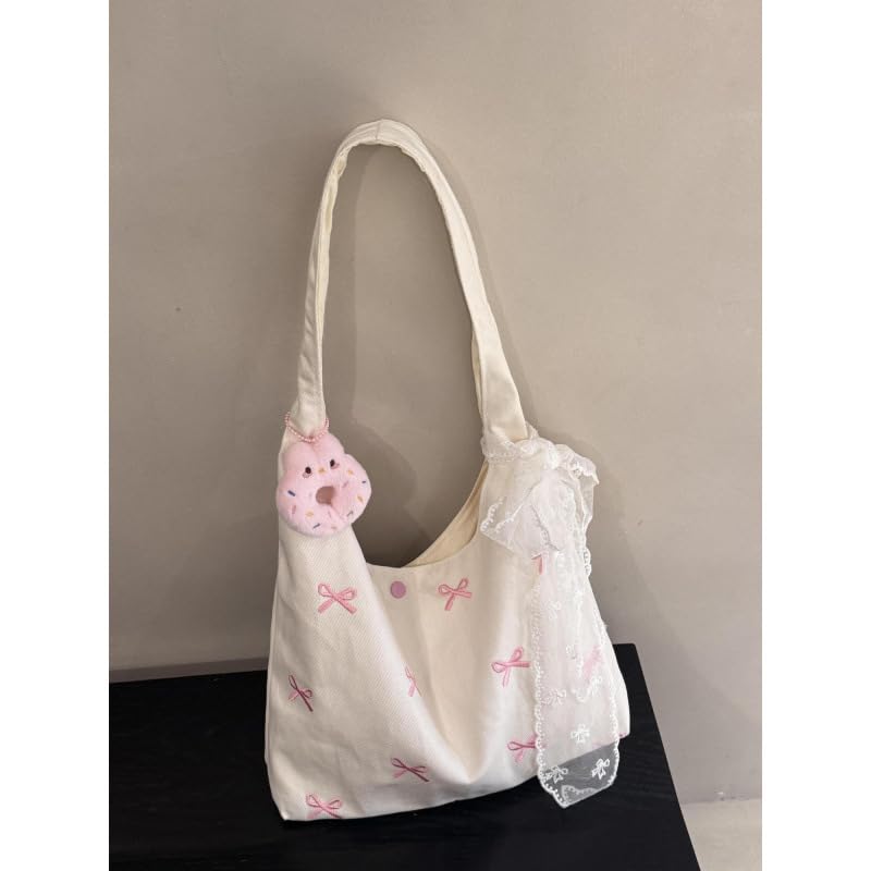 JQWYGB Bow Tote Hobo Bag Cute Shoulder Bags for Women Canvas Embroidery Tote Purses Slouchy Hobo Handbags4
