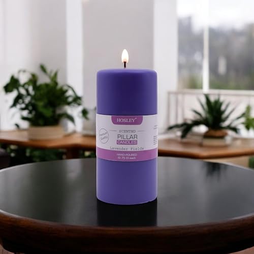 Image of HOSLEY 6 Inch Long Lavender Fields Fragrance Purple Pillar Candles| Soy & Paraffin Wax Candles for Home Decor, Party, Wedding, Gifting|90 Hours Burn Time|2.75 Inch Diameter(Pack of 1)