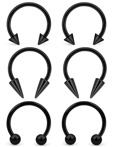 6Pcs Septum Rings 16G Surgical Steel Snake Bite Jewelry Long Spike Horseshoe Lip Rings Smiley Piercing Jewelry for Women Men 8mm 10mm