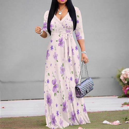 Image of PinkPatty Plus Size Maxi Dress for Women Casual V Neck 3 /4 Sleeve Boho Printed Long Dress with Pockets