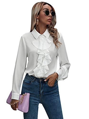 Shein Women's Long Sleeve Button Down Lotus Ruffled Work Shirt Chiffon Blouse Tops White Large #TOP2