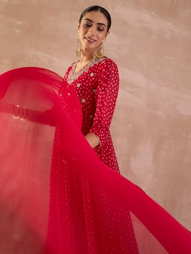 Image of INDO ERA Women's Georgette Floral Embroidered A-Line Kurta & Pant with Dupatta Set