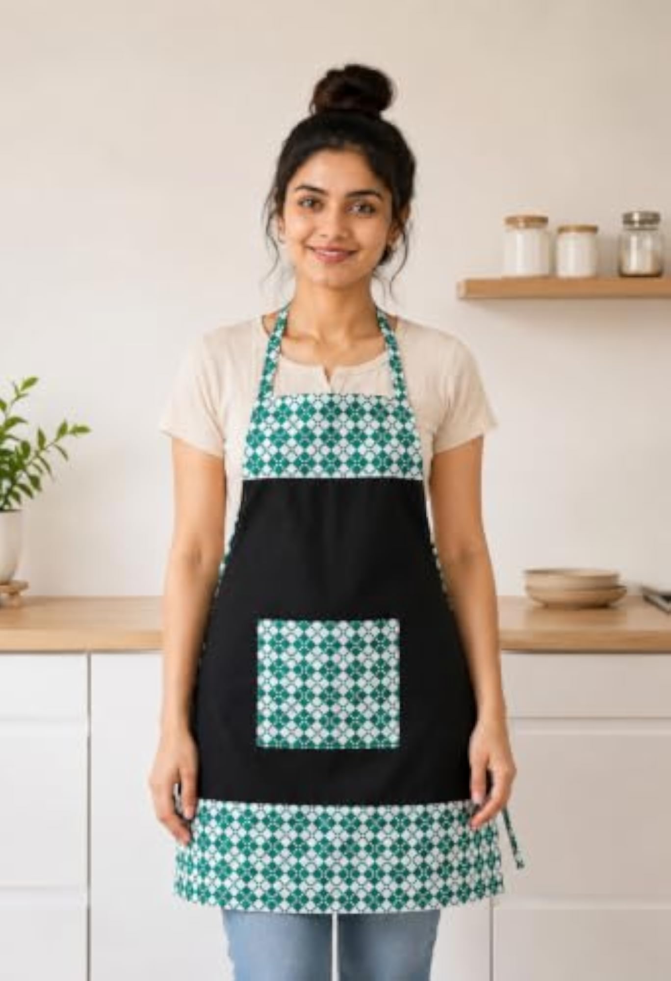 Premium Black Bib Apron with Red Diamond Check Pattern, Unisex