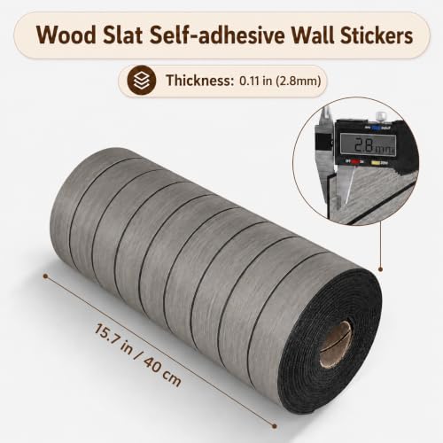 Image of Peel and Stick Wood Slat Wall Panels, Grayish Brown, 118 x 15.7 in | 3D Fluted, PVC Paneling for Accent Wall, Ceiling, Living Room, Office, Bedroom