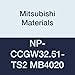 Mitsubishi Materials NP-CCGW32.51-TS2 MB4020 CBN CC Type Petit Tip Positive Turning Insert with Hole, General Cutting Rhombic 80?, Grade MB4020, TS Honing/No Wiper, 2 Tip, 0.016" Corner Radius