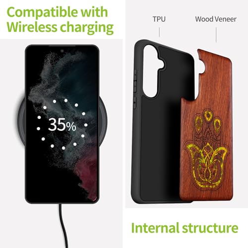 Coque Galaxy S24 Plus gravure bois et nacre rosée motif hamsa - 5