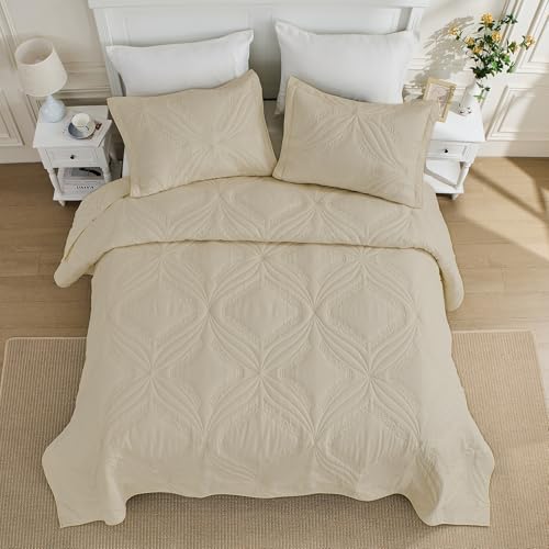 Image of Kingnex Oversized King Bedspreads 128x120 for Tall King or Cal King Bed Ultrasonic Quilted Coverlet Set 3 Piece Include 1 Extra Wide Quilt 2 Pillowcases Beige