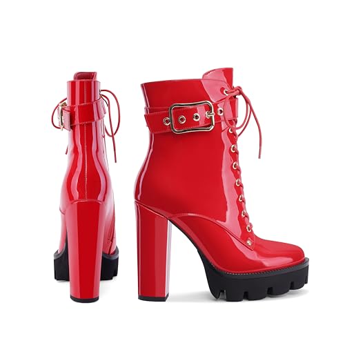 Z.Oufeier Women's Platform High Chunky Heel Combat Goth Ankle Boots Buckles Patent Leather Lace Up Block Heeled Booties3