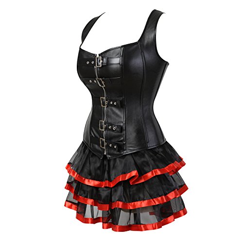 Grebrafan Steampunk Korsett Kunstleder Reißverschluss Corsage mit Spitzenrock Tüll Tutu – Bild 3