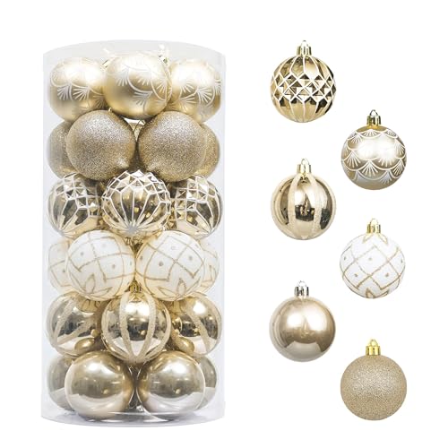 Valery Madelyn Weihnachtskugeln 30 TLG. 5cm Christbaumkugeln Weihnachtsbaumschmuck Bruchsicher Plastik Weihnachten Deko mit Anhänger für Party Weihnachtsdeko Elegant Thema Weiß Gold(M)