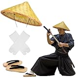 Evervibe 3 Pcs Japanese Samurai Costume Accessories Japanese Wooden Clogs with Tabi Socks and Samurai Hat for Men Women