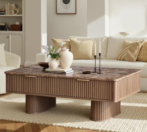 win2win Rectangle Coffee Table with Storage Faux Marble Top Walnut
