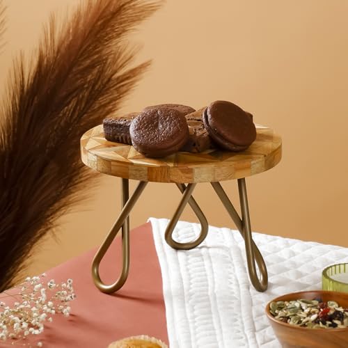 Image of CASADECOR Neo Abstract Wood & Metal Pizza Cake Stand | 8-Inch Round Decorative Dessert Display & Serving Stand for Cakes, Pastries & Table Decor (Brown, Pack of 1)