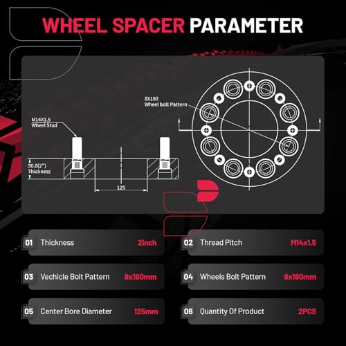 Image of BDFHYK 8x7 Wheel Spacers Thickness 2 Inch Compatible with Chevy 2011-2023 Silverado 2500 2500HD 3500 3500HD Sierra 2500 HD 3500HD, 8x180mm Forged 8 Lug M14x1.5 & 125mm Hub Bore, Set of 2 No Lip