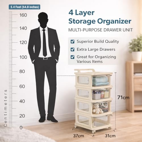 Image of KITCHIVO Heavy Duty Plastic Storage Drawer with Wheels | Modular Cabinet for Bedroom, Office, Home or Classroom| Chest of Drawers Organiser for Cosmetics, Kitchen items, Toys (White, 4)
