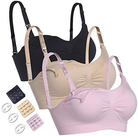 WeTong 3PACK Seamless Maternity Bra, Soft Cotton Nursing Bras Bralette for Breastfeeding with Extra Bra Extenders & Clips (3-Color) L