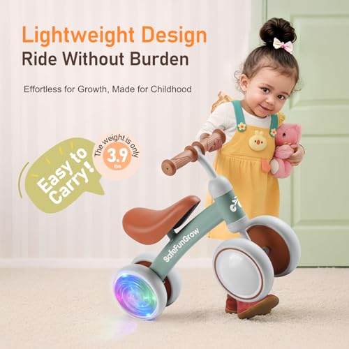 Image of Colorful Lighting Baby Balance Bike Toys for 1 Year Old Girl Gifts, Balance Bike 1 Year Old No Pedal, 12-24 Months Toddler Ride on Toys with 4 Silent Wheels & Soft Seat, 1st Birthday Gifts, Green