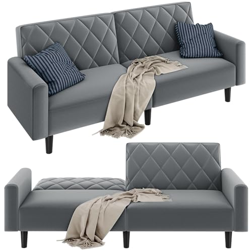 Yaheetech Velvet Sofa with Adjustable Backrest, Convertible Upholstered Loveseat with Sturdy Frame, Folding Couch for Living Room, Apartment, Home Office, Dark Grey