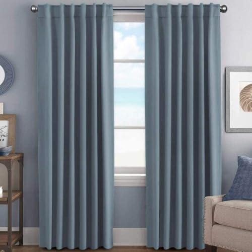 Image of H.VERSAILTEX Blue Back Tab Blackout Curtains 102 Inch Long for Living Room, Rod Pocket Room Darkening Thermal Insulated Black Out Curtains, 52 x 102 Inch, Stone Blue, 2 Panels