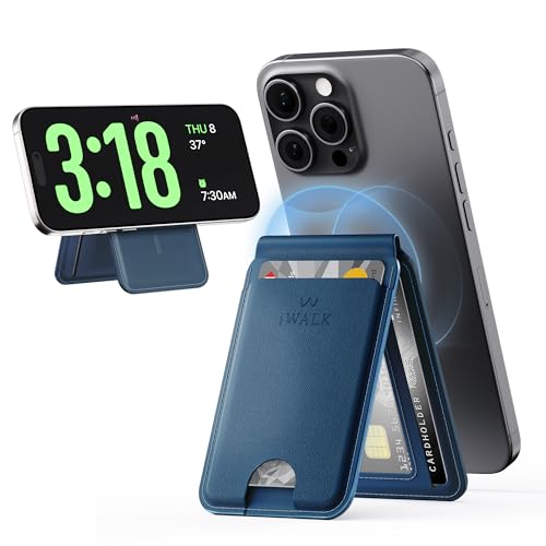 iWALK Stronger Magnetic Wallet, Upgraded for MagSafe Wallet, RFID Blocking, 5 Card Holder with Adjustable Stand, Slim Leather Phone Wallets for iPhone 16/15/14/13/12 Series, iPhone Wallets Navy Blue