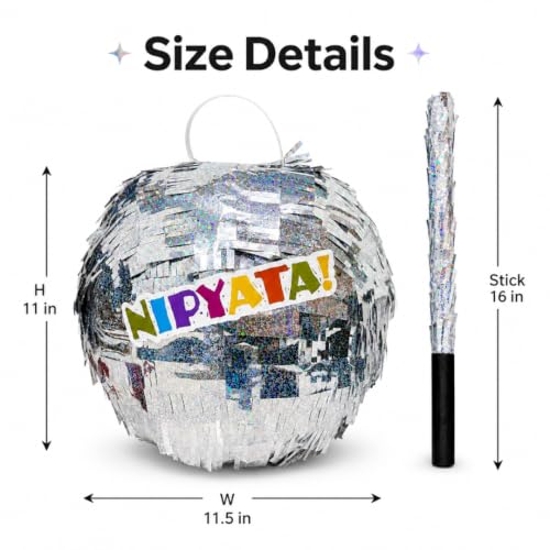 Image of Wanna Party Disco Ball Shaped Pinata Khoi Bag with Stick for Kids & Adults Birthday Party, Fillable Silver Mirror Ball Pinata Game for Disco Theme Party Decoration, Dance & Retro Theme