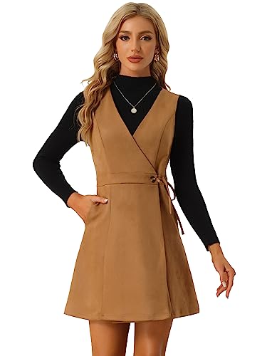 Image of Allegra K Women Vintage Faux Suede V Neck A-Line Wrap Pinafore Dress Brown