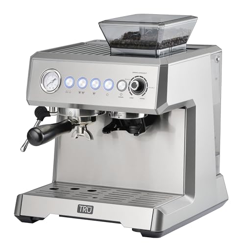 Tru All-in-One Espresso Maker with Grinder and Steam Wand by Select Brands - Premium Espresso Machine with Coffee Grinder - Features Steam Controls, Removable Water Tank & Cup Warming Plate