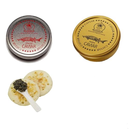 SEPEHR DAD CAVIAR Kaviar Set Premium I 30g Siberian Kaviar & 30g Osietra Kaviar I inkl. 1x Perlmuttlöffel & 1 Packung Blinis I hochwertige Kaviarsorten I Caviar-Probierset