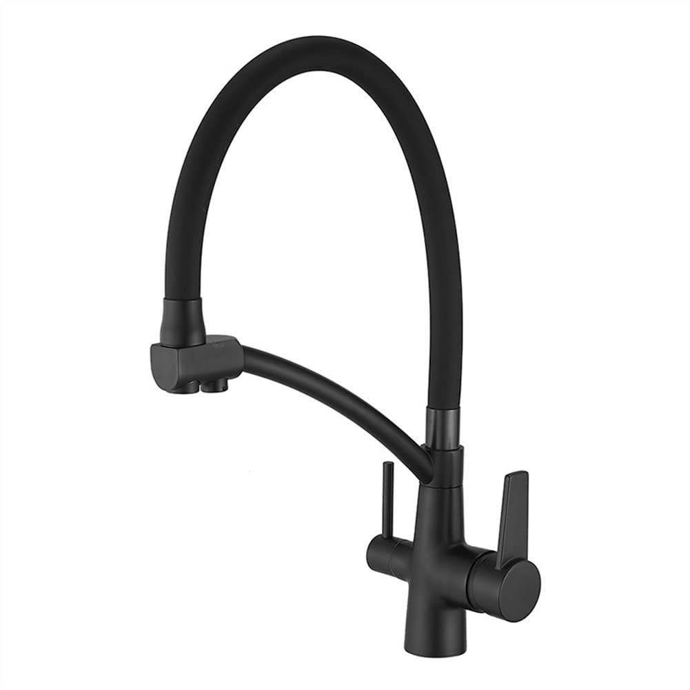 FCXWEVR 3-Way Kitchen Faucet 360° Rotating Brass Sink Mixer Dual Lever Drinking Water Tap for Reverse Osmosis Systems Stylish Black Finish 3-in-1 Water Dispenser