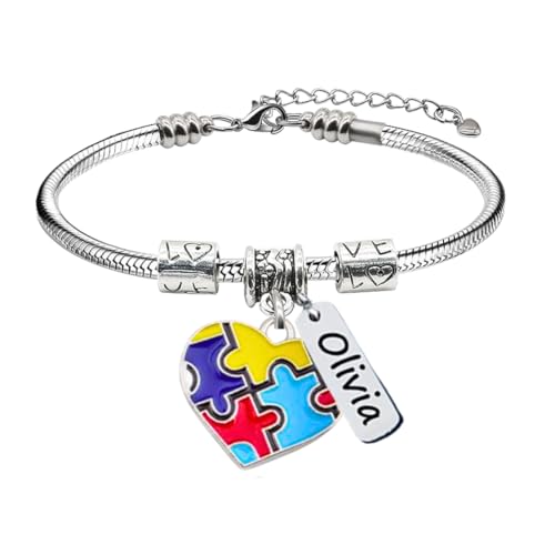 Infinity Collection Personalized Autism Awareness Name Bracelet – Adjustable Snake Chain with Puzzle Heart Charm and Customized Engraved Name Tag – Gift for Moms, Teachers, Friends, and Supporters