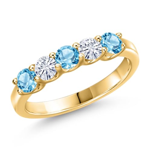 Gem Stone King 18K Yellow Gold Plated Silver Swiss Blue Topaz and White Moissanite Wedding-Bands Ring For Women | 0.92 Cttw | Round 3.5MM | Gemstone November Birthstone | Available in Size 5,6,7,8,9