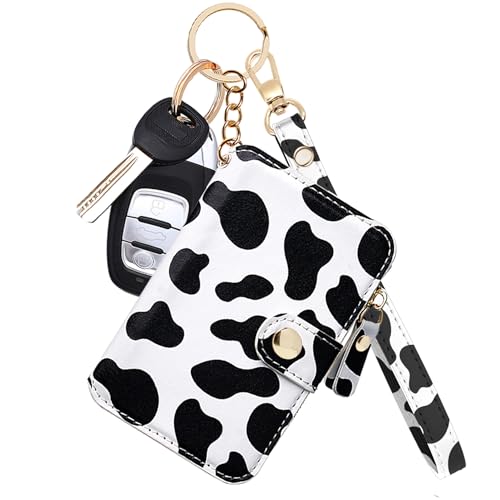 Image of M-Plateau RFID Blocking Keychain Wallet With Leather Wrist Strap | Keychain Wristlet, Womens Card Holder with Zipper Coin Pocket and ID Window (Cow Print)