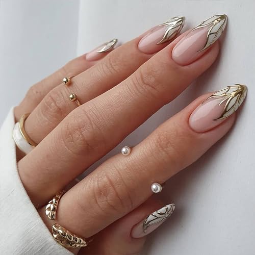 Pureglow Co Medium Press On Nails French Almond Fake Nails Gold Butterfly False Nails Tip With Lines Designs Acrylic Nails Nude Pink Glue On Nails Reusable Artificial Nails Cute Stick On Nails For Women 24Pcs cover