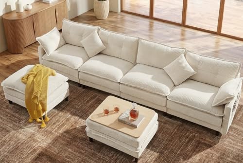 Image of 140.9 inch U-Shaped Modern Sofa Modular Sectional Cloud Couch with 2 Storage Ottoman Coffee Table, 4-Seat Corduroy Deep Seat Sofa with Throw Pillows for Living Room, Bedroom, Office, Cream
