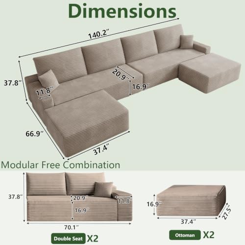 Image of Oversized Modular Sectional Sofa Couch, Large 6 Seater Corner Sofa Modern U Shaped Sectional Couch with Ottoman Cloud Couches for Living Room, Office, Spacious Space, Corduroy, No Assembly, Camel