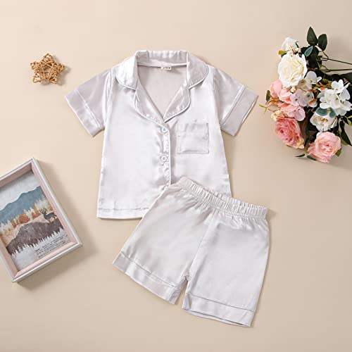 2-Piece Toddler Girl Silk Pajamas Set Cow Print Short Sleeve Button-Up Shirt and Shorts Satin Summer Pajamas2
