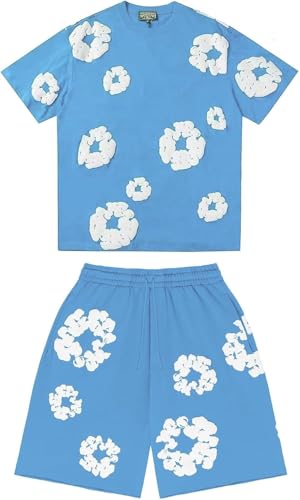 Genérico Conjunto Hombre Flores,D&T Chándal Flores de Verano de 2 piezas Traje de Jogging de Manga Corta,Y2K Camiseta con Estampado de Espuma Hip Hop para Unisex