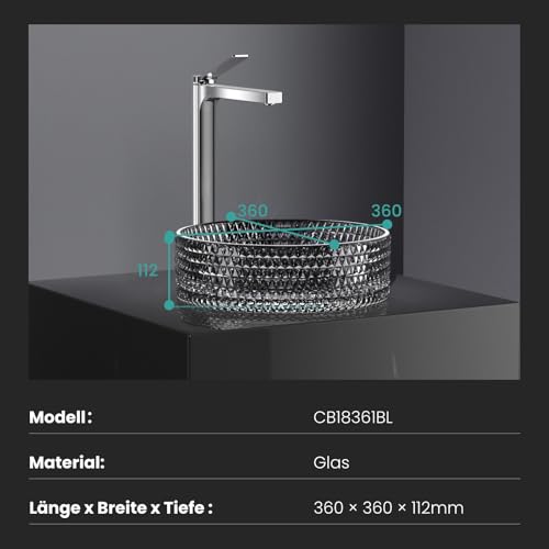 EMKE Aufsatzwaschbecken Glaswaschbecken Rund, Waschbecken Glas Transparent Schwarz, 36 x 36 x 11,2 cm, Hochwertiges Handwaschbecken für Badezimmer & Gäste-WC, Waschschale ohne Hahnloch