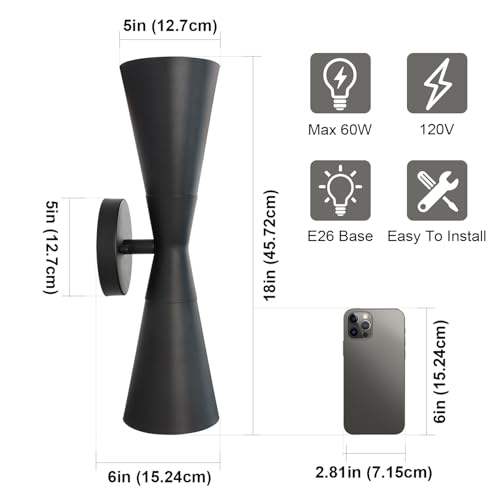Image of Modern Black Wall Sconces Set of 2, Up and Down Indoor Wall Sconces, Mid Century Indoor Wall Light Fixture, Hardwired Wall Mounted Lamp for Living Room, Bathroom, Bedroom, Hallway, 18 Inch