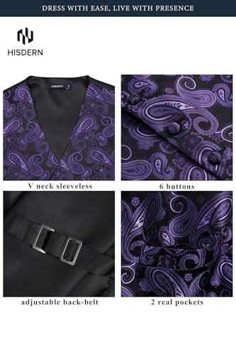 Image of HISDERN Mens Vest Tie Set 3PC Formal Waistcoat Paisley Floral Jacquard Necktie Pocket Square Suit Vests Wedding Party