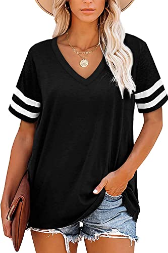 FANGJIN Damen V Ausschnitt Oberteile Tshirt Kurzarm Pullover Elegant Bluse Tops Schwarz XX-Large XXL Cover