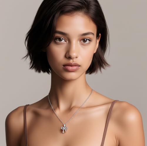 Image of Reffeer Solid 925 Sterling Silver CZ Bow Necklace Chain for Women Teen Girls Crystal Bow Pendant Necklace Choker Bowknot