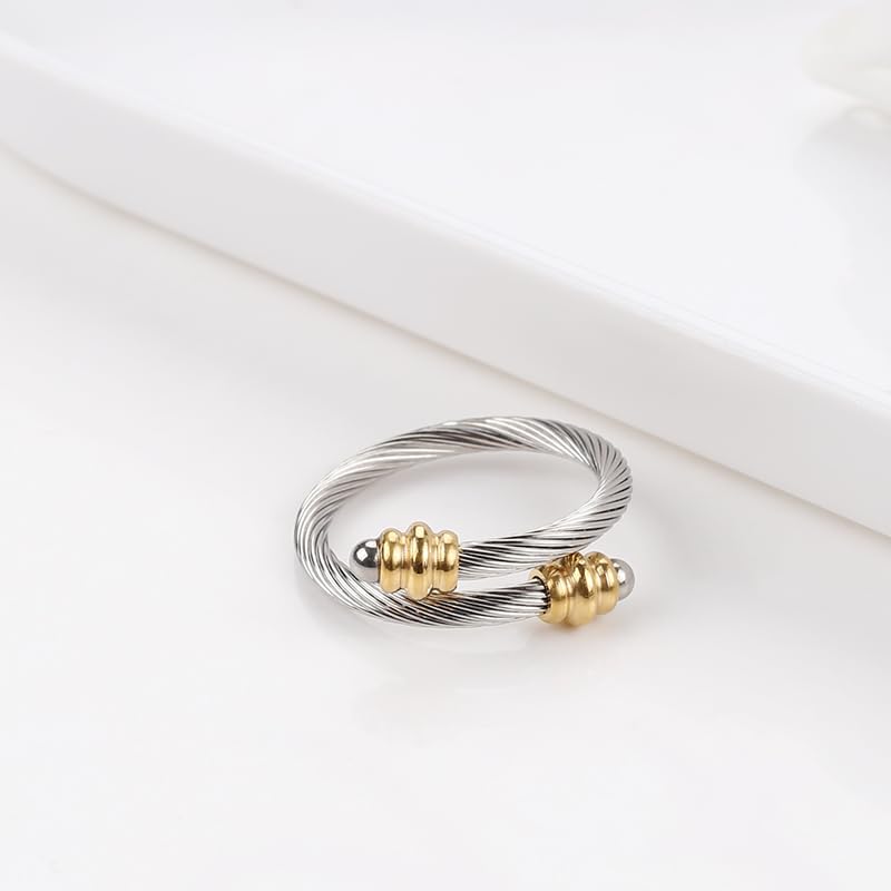 Twisted Cable Wire Rings for Women, Adjustable Stainless Steel Open ring in Two Tone Silver Gold Designer Brand Inspired Jewelries in Gift Box - Image 2