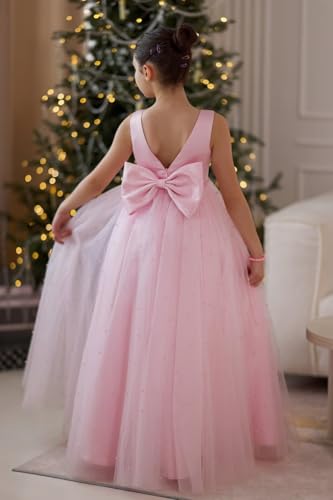 Pearls Flower Girl Dress for Wedding V-Neck Satin Tulle Kids Bridesmaid Dresses Princess Party Prom Gown with Bow-Knot4