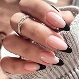 GLAMERMAID Press on Nails Medium Almond, Spring Summer Black French Tip Gel Glue on Nail, 24Pcs Glossy Short Stiletto Reusable UV Finish Fake Nails Acrylic False Nails Manicure Kits for Women