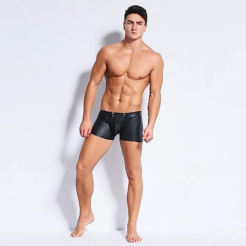 ARIASS Cuecas boxer de lingerie masculina, shorts pretos foscos com zíper brilhante, roupa de balada
